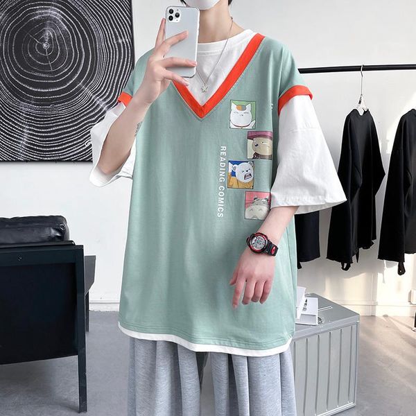

men's t-shirts cotton vintage two piece t shirt men summer cartoons print oversized t-shirt plus size couples aesthetic short sleeve ma, White;black