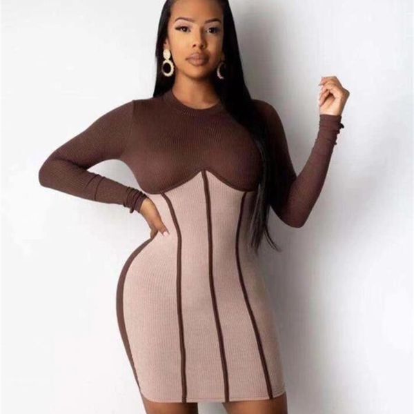 

winter women designer long sleeve patchwork bandage dress ladies elegant brown bodycon party vestido 210527, Black;gray