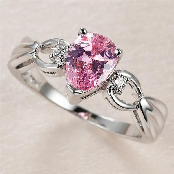

cute female water drop crystal ring charm silver color thin wedding rings for women promise pink zircon stone engagement, Slivery;golden