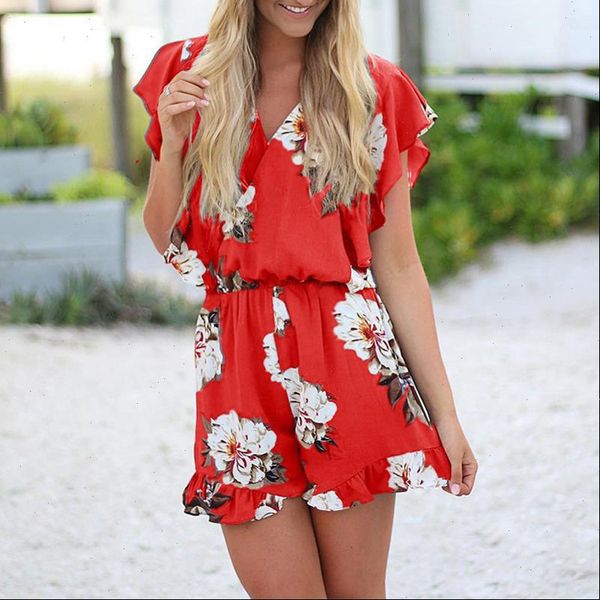 

womens jumpsuit women casual beach playsuit summer female ruffles v neck red gray printing party rompers playsuits, Black;white