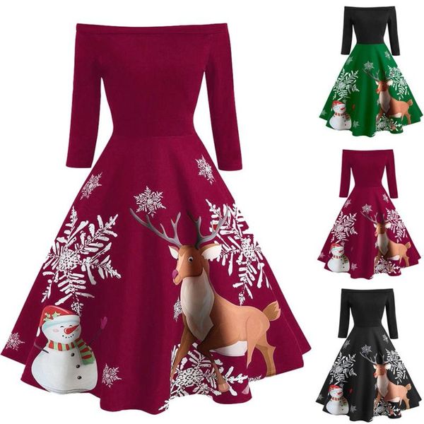 

women christmas dress vintage snowman print robe femme sundress vestidos plus size evening party #t2g casual dresses, Black;gray