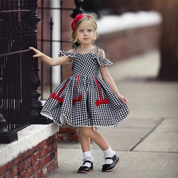 

girl's dresses 2021 summer girls dress plaid princess children bow party off shoulder kids for birthday vestido, Red;yellow