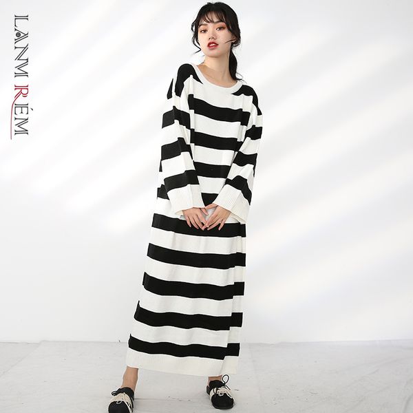 

causal women's black white stried kint sweater dresses autumn witner loose big size long sleeve cloth a1661 210507, Black;gray