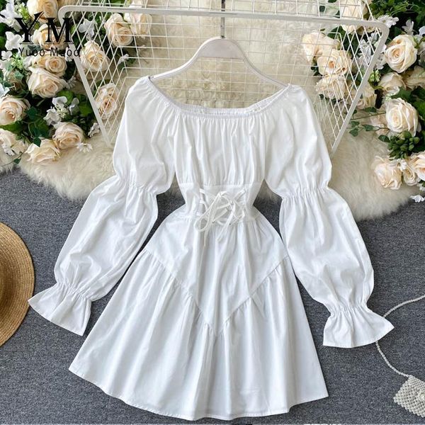 

yuoomuoo early autumn dress 2021 retro gothic women white black bandage mini off shoulder puff sleeve korean vestidos casual dresses, Black;gray