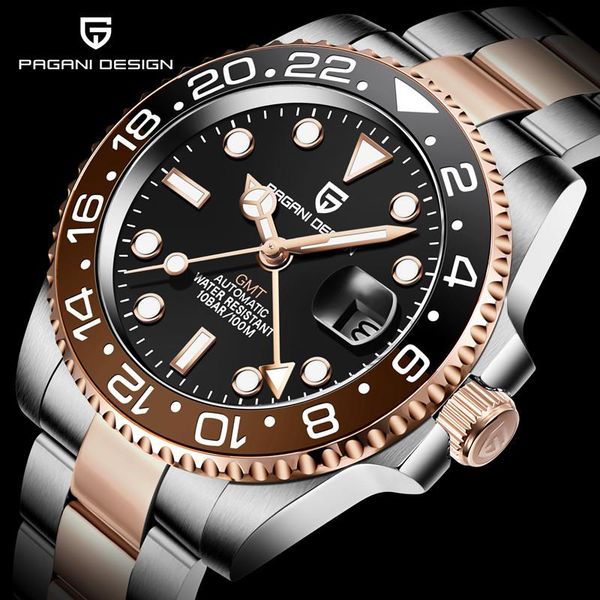 

wristwatches pagain design rand luxury men's mechanical watch gmt 100m waterproof sapphire glass automatic relogio masculino, Slivery;brown