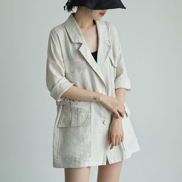 

women's trench coats ins handsome linen sunscreen coat windbreaker waist hugging v-neck midi cardigan summer 2021# md039093-02, Tan;black