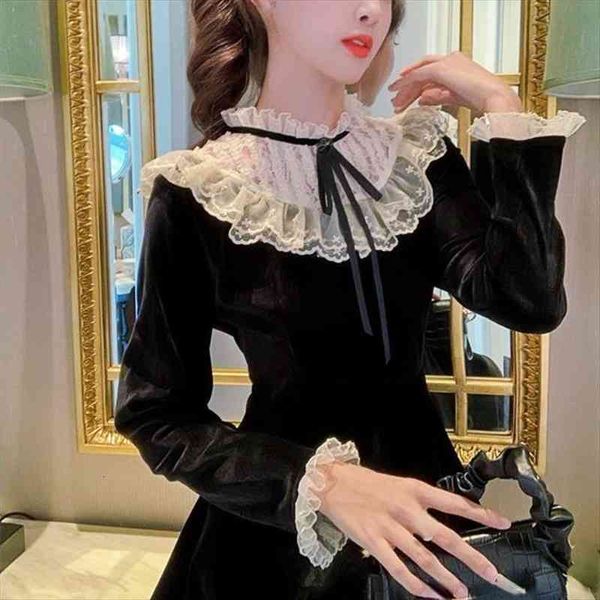 

vintage velvet long sleeve black women dress lace y2k korean fashion elegant sweet evening party autumn retro, Black;gray