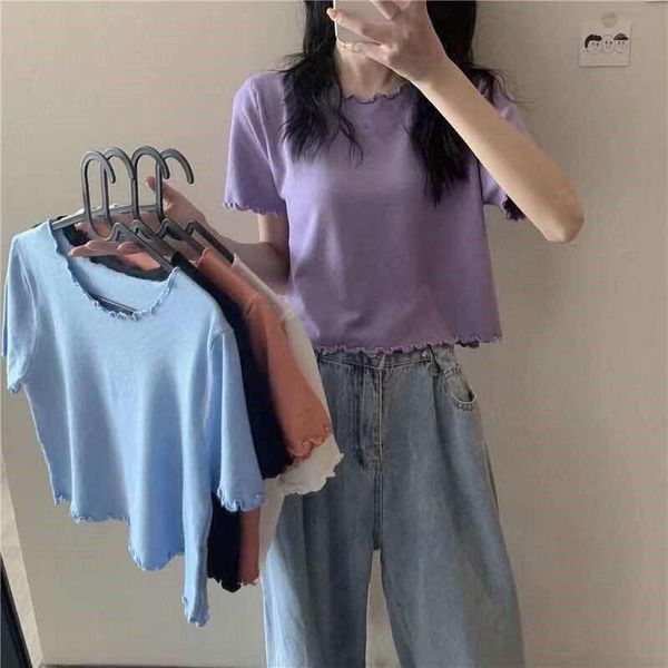 

summer korean version of the short-sleeved sweater t-shirt with wooden ears women's loose and thin short ins tide, White