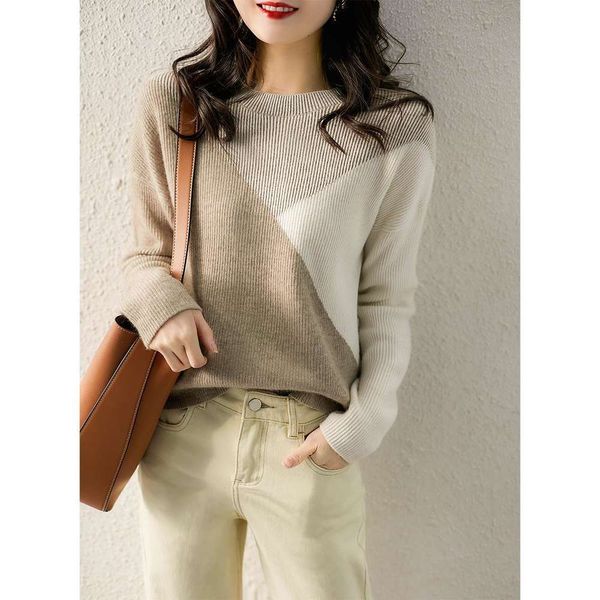 

age reducing temperament loose color matching sweater autumn winter round neck female, White;black