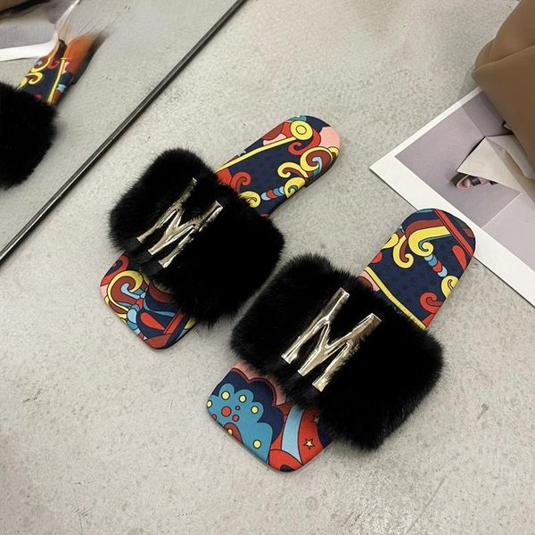 

sandals 2021 ladyswell chic chain m slippers women autumn square toe flat plush fur slide, Black