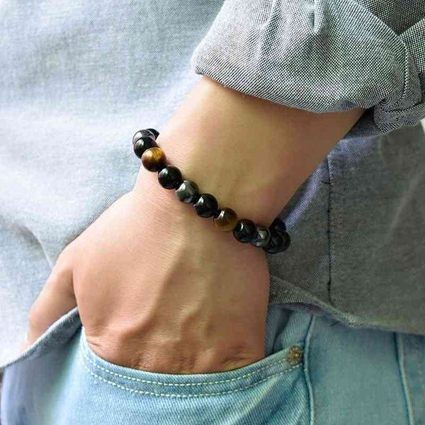 

10mm tiger eye black agate stone beads bracelet elastic men's charm bracelet jewelry