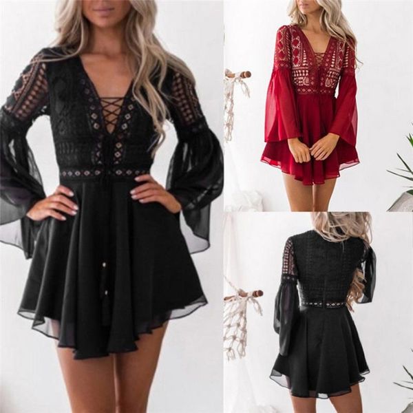 

casual dresses mini dress women semi-sheer checkered v-neck long sleeve crochet lace hollow out solid color summer, Black;gray