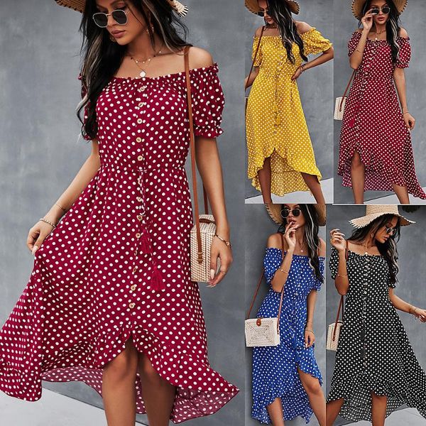 

casual dresses summer dress women robe femme short-sleeve polka-dot print off the shoulder beach for woman backless vestido mujer, Black;gray