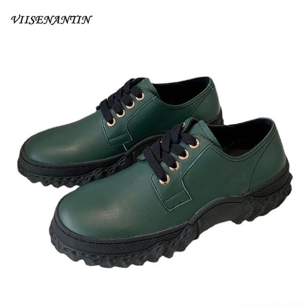 

dress shoes spring autumn green lace-up thick-soled student single genuine leather deep mouth all-match british casual trend loafers, Black