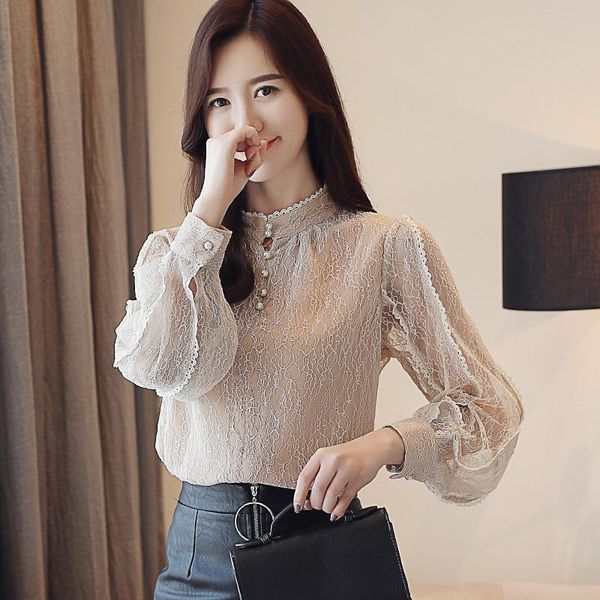 

women's blouses & shirts autumn winter ladies long-sleeved elegant casual lantern sleeve commuter stand collar lace chiffon shirt blusa, White