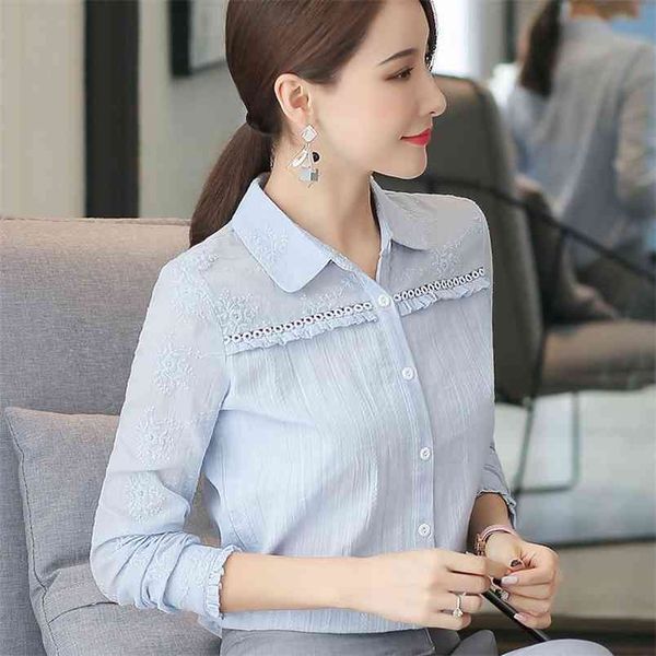 

100% cotton white blouse spring autumn office lady long sleeve turn-down collar women shirts embroidery ladies bluse d197 210512