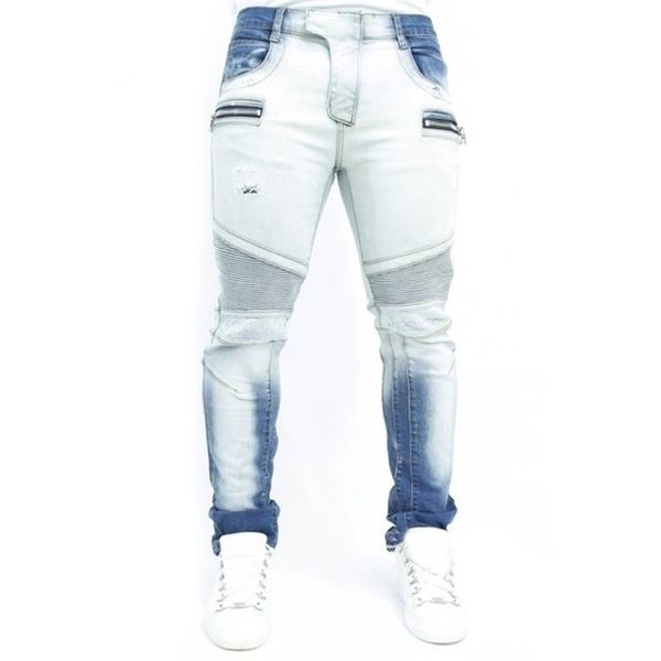 

men jeans straight zipper biker pants high waisted spring autumn streetwear male desiger washed trousers 211108, Blue