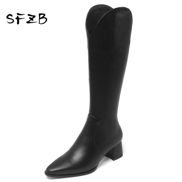 

boots sfzb 2021 genuine leather autumn winter women knee high concise casual heels shoes woman side zipper, Black