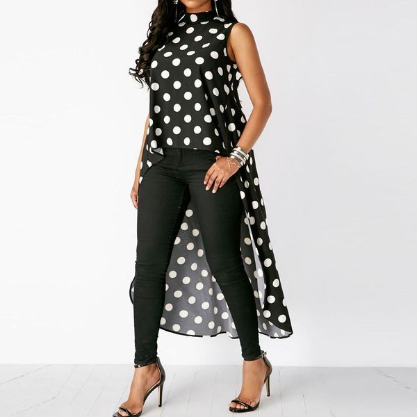 

ladies harajuku women shirts summer high low chiffon blusa short sleeve shirt blouse polka dot fashion woman tee casual, White