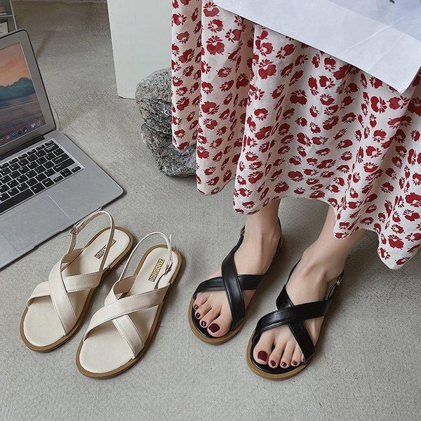 

sandals open toe female sandal beach shoes 2021 women's cross buckle peep girls gladiator beige fashion comfort summer flat low soli, Black