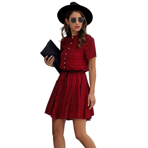 

ladies plaid shirt dress women summer a-line casual streetwear elegant mini dress female sashes button women sundress vestidos 210416, Black;gray