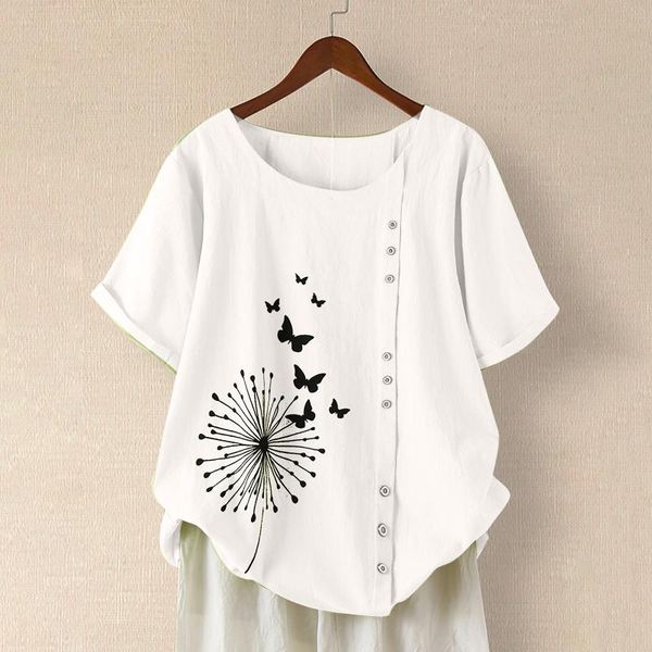 

women's blouses & shirts summer blouse cotton and linen shirt casual o-neck short sleeve flower print loose mujer de moda 2021, White
