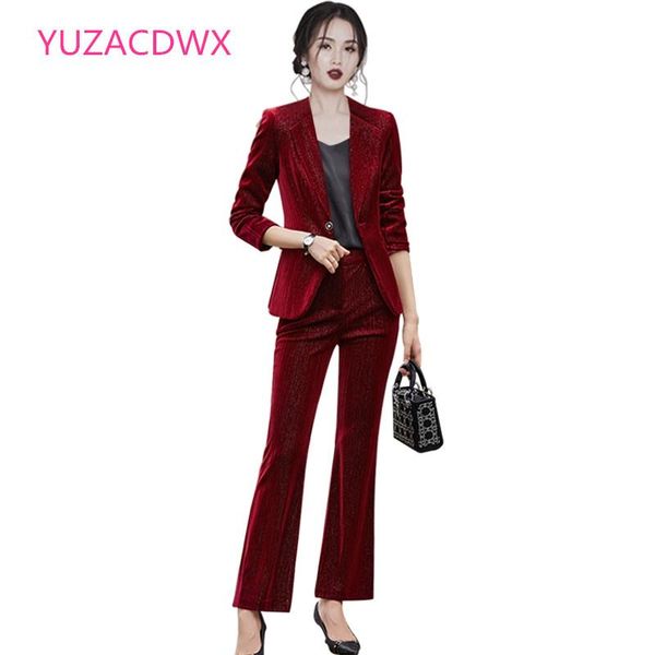 

women's two piece pants two-piece high-quality professional suit autumn winter elegant gold velvet ladies jacket casual trousers, White