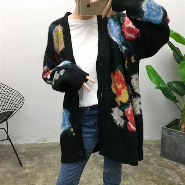 

women's sweaters 2021 winter women vintage floral print mohair cardigans runway designer long sleeve female streetwear jumper clothing, White;black