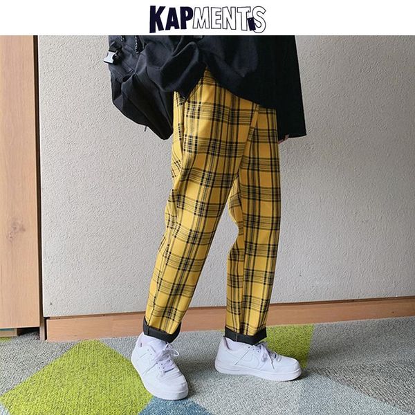 

men's pants streetwear yellow plaid men joggers 2021 man casual straight harem korean hip hop track plus size, Black