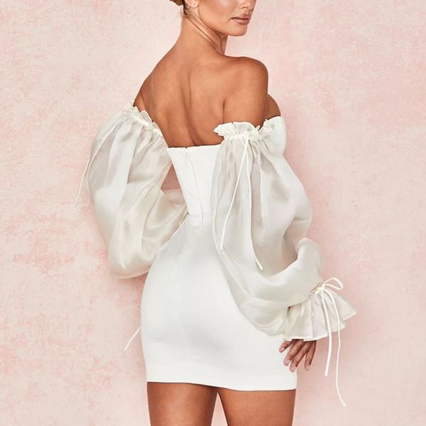 

feditch 2021 satin white summer dress lantern sleeves mini dress women bodycon solid slim night club party dress vestidos, Black;gray