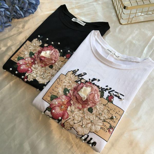 

women's t-shirt pearl appliques 3d beading women t shirts cotton o neck short sleeve female casual shirt summer fashion ladies, White