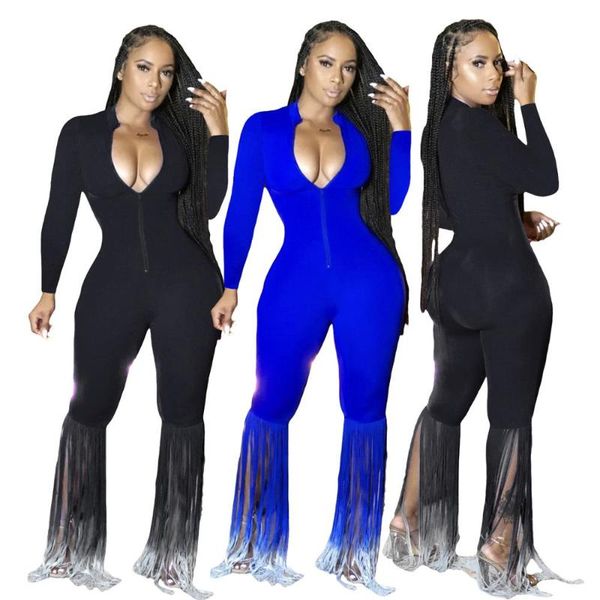 

gym clothing autumn women zipper up tassel flare jumpsuit club party one piece romper overalls, White;black