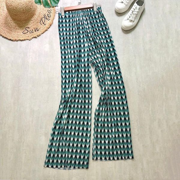 

women long pants wide leg plaid printing green trousers loose high waist vintage elastic girl casual pleated women's & capris, Black;white