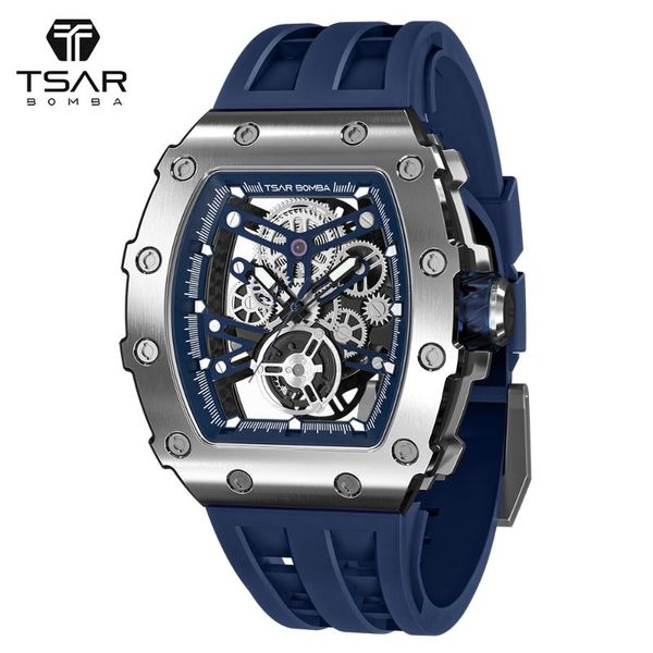 

wristwatches tsar bomba mens automatic watch tonneau design sapphire crystal stainless steel case waterproof clock mechanical wristwatch, Slivery;brown