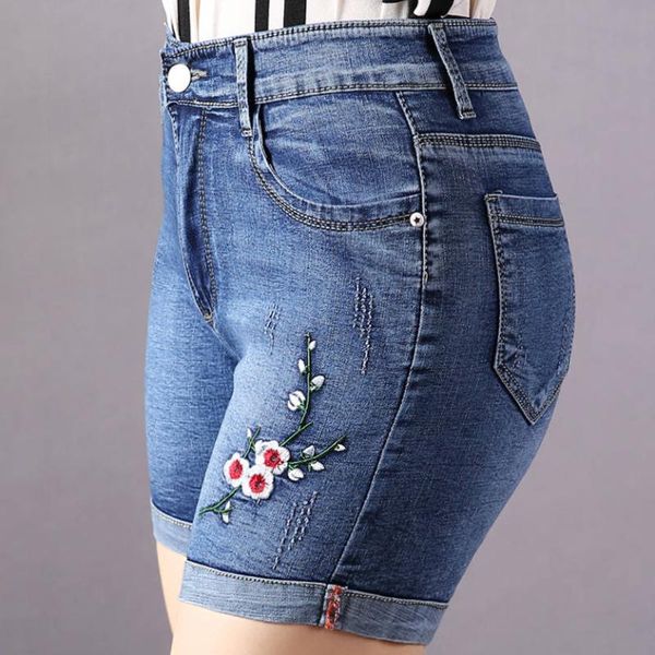 

women's shorts summer women fashion straight style high waist hell rolled up denim female trendy embroidery jean casual bottom, White;black