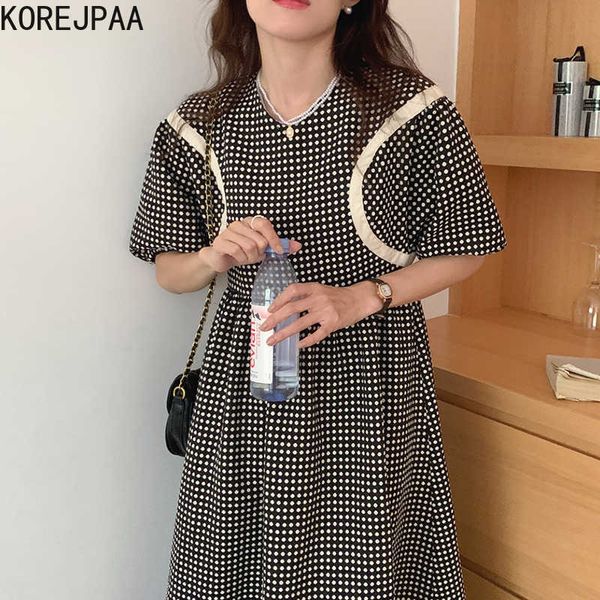 Korejpaa Women Dress Summer Korean Chic French Retro Full-Screen Wave Dots Colori a contrasto che ricevono abiti con maniche a sbuffo 210526