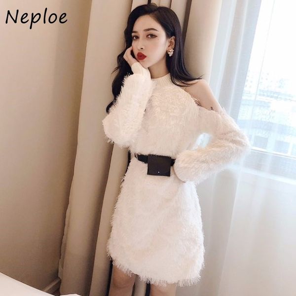 

neploe strapless shoulder dress women high waist hip sashes a line vestidos pullover long sleeve winter robe temperament 210423, Black;gray