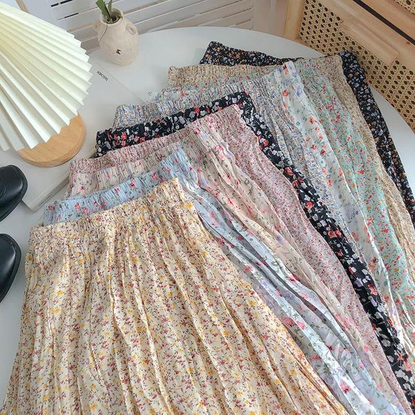 

skirts summer womens 2021 vintage floral print chiffon pleated skirt elastic high waist casual midi women clothes jupe, Black