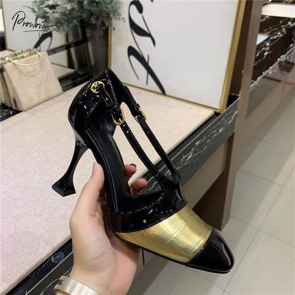 

dress shoes prowow spring summer gold genuine leather women pumps round toe buckle strap thin high heel party woman, Black