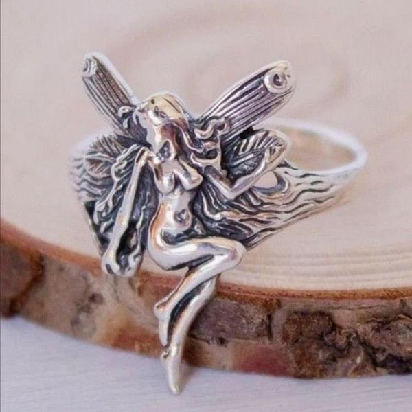 

cluster rings vintage holy angel ring gothic steampunk fairy for women girls anniversary jewelry gift, Golden;silver