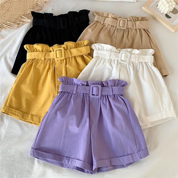 

women's shorts 2021 korean women elegant fashion high waist casual solid wide leg loose cotton short pants with belt, White;black