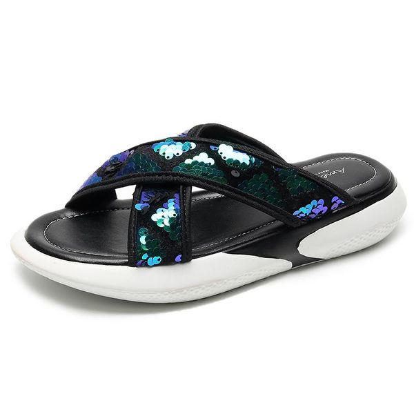 

slippers 2021 women summer slipper flat bling outdoor slides mules zapatos de mujer 41813as2633, Black