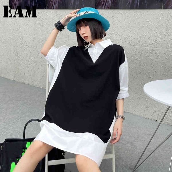 

[eam] women black contrast color big size dress lapel three-quarter sleeve loose fit fashion spring autumn 1dd7927 21512, Black;gray
