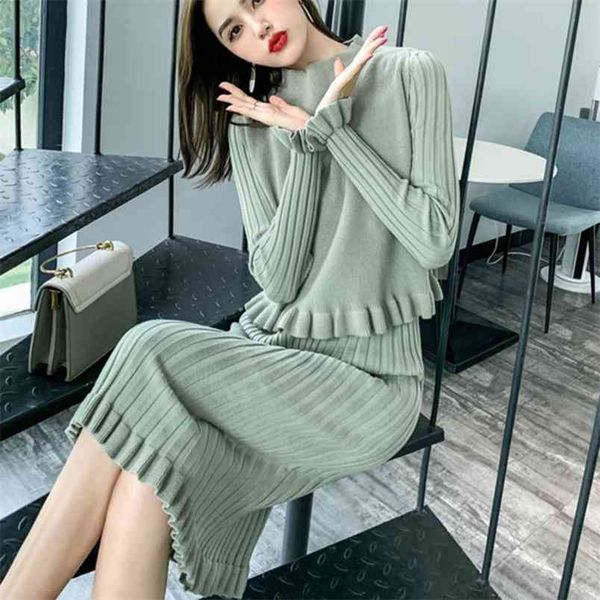 

korean casual 2 piece set women fall winter sweater pullover crop + bodycon knitted long dress suit two for 210514, White