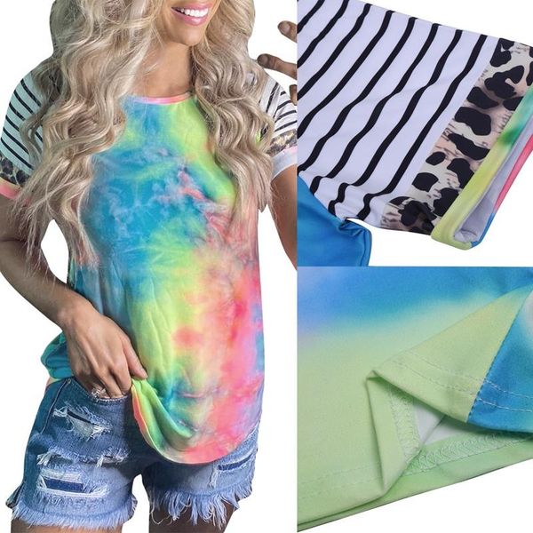 

women's t-shirt summer casual striped tie-dye printed short-sleeved blue, White
