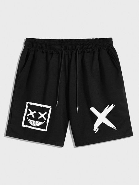 

men expression & brush print drawstring waist shorts v12m#, Black