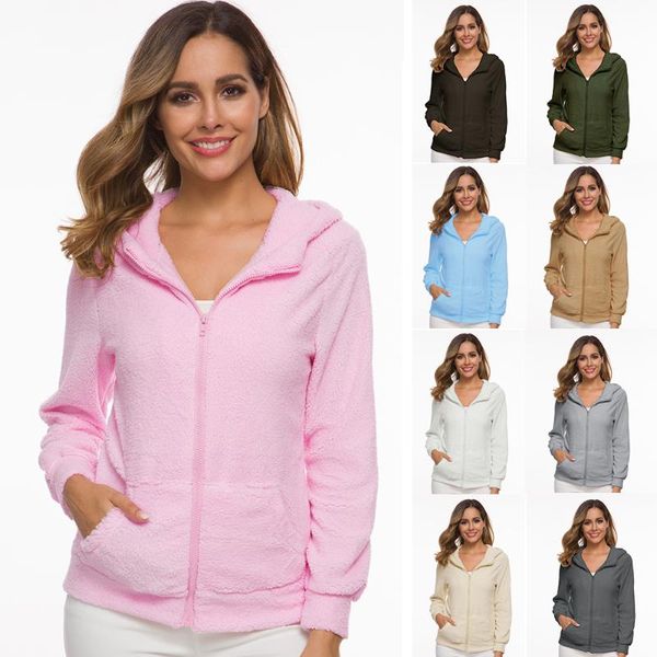 

women's jackets womens full zip up fleece hoodie long sleeve hooded jacket sweatshirt sherpa lined casual solid color coat with pockets, Black;brown