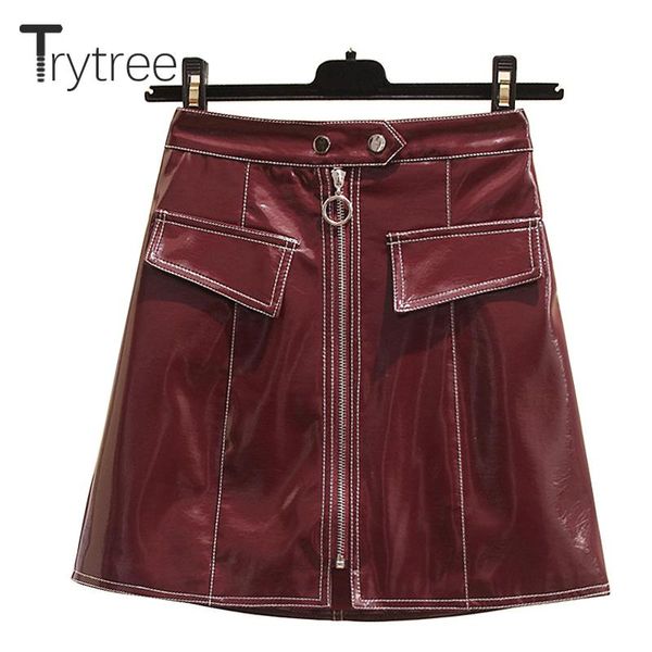 

skirts trytree autumn women skirt shorts pu pencil solid cool high waist casual zipper streetwear a-line mini female, Black