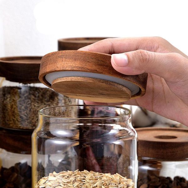 

storage bottles & jars glass airtight canister clear cereal container food coffee tea jar can with wood lids