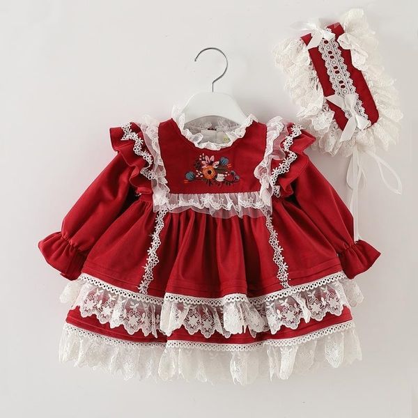 Kız İspanyolca Elbiseler Toddler Kızlar Noel Yılı Kırmızı Elbise Vaftiz 1st Doğum Günü Frocks Bebek Noel Butik Giysileri 210615